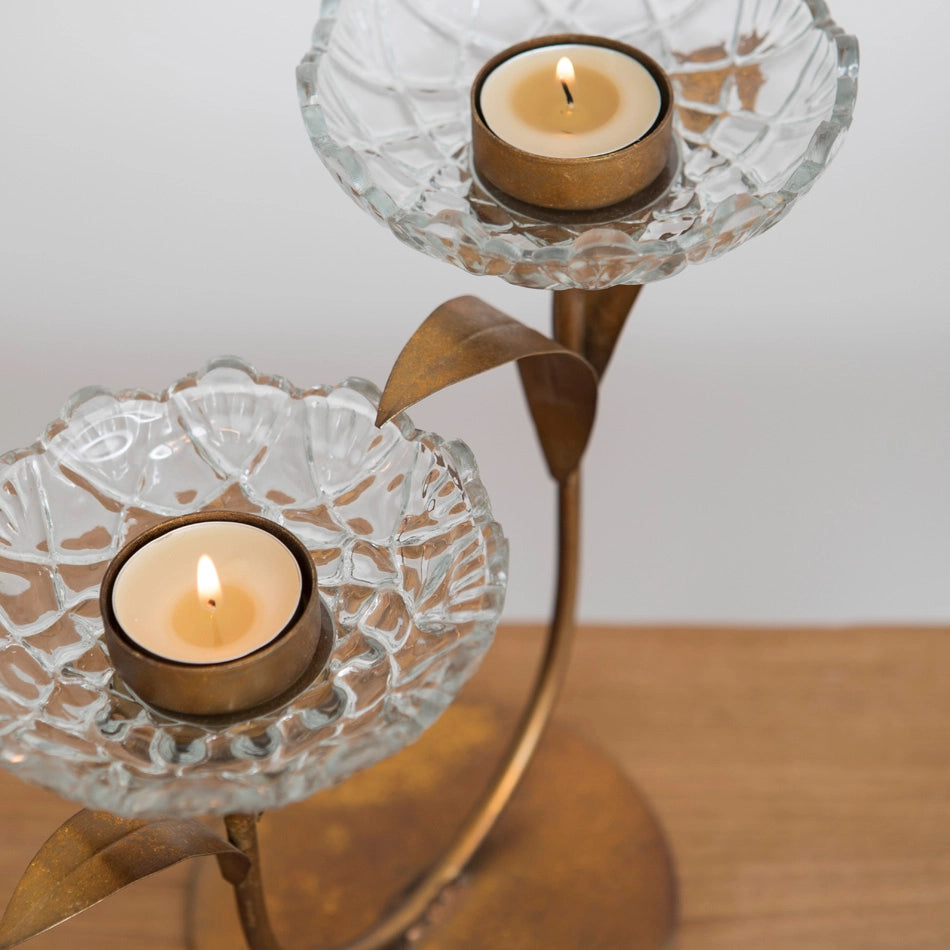 Portavelas doble con forma de flor de cristal