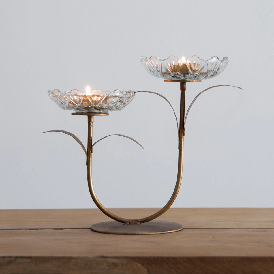 Portavelas doble con forma de flor de cristal