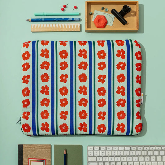 Funda para portátil con flores y rayas de color burdeos