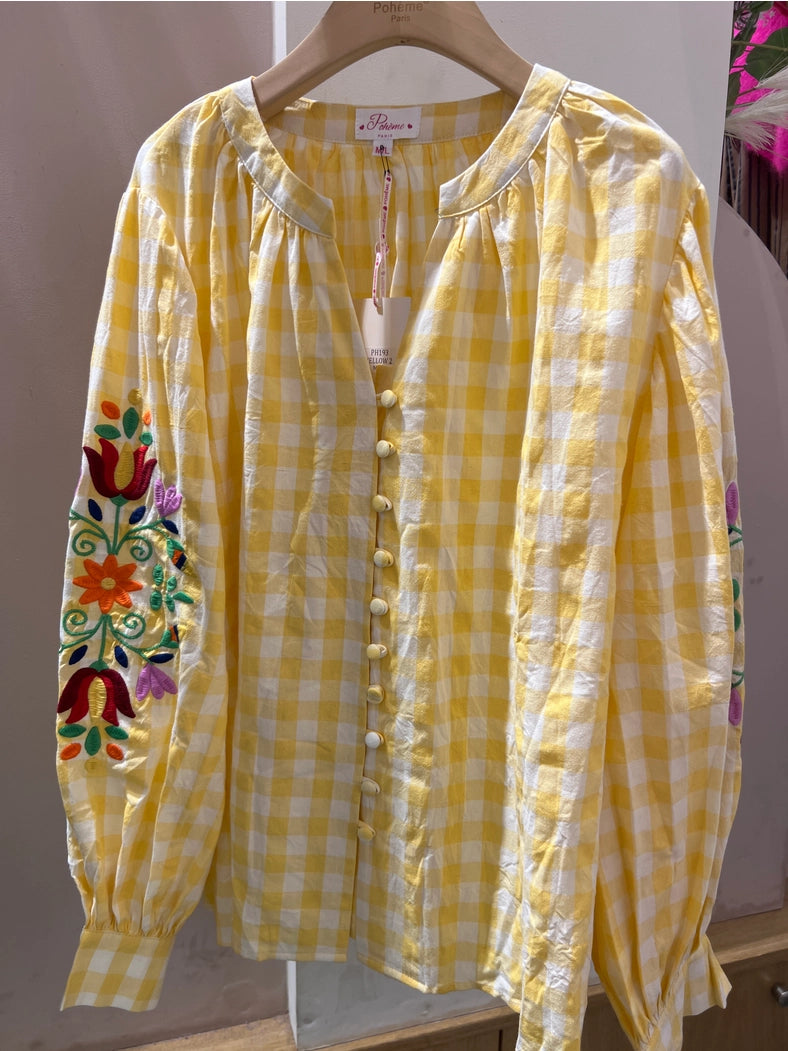 Blusa a cuadros con bordado floral - Amarilla