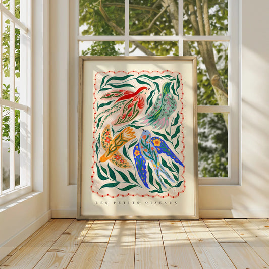 Ilustración de pájaros, botánica, arte infantil